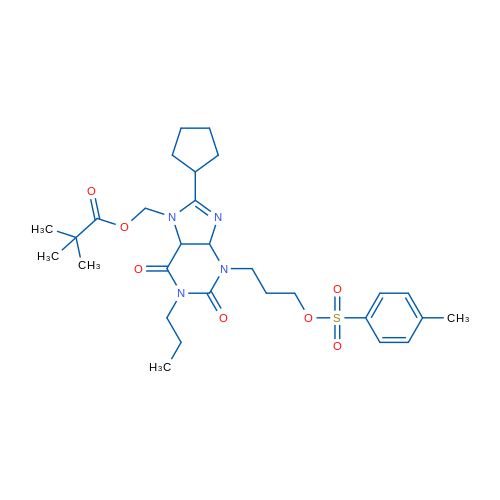 (8-Cyclopentyl-2,6-dioxo-1-propyl-3-(3-(tosyloxy)propyl)-3,4,5,6-tetrahydro-1H-purin-7(2H)-yl)methyl pivalate 1g