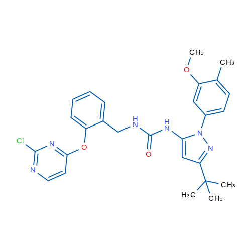1-(3-(tert-Butyl)-1-(3-methoxy-4-methylphenyl)-1H-pyrazol-5-yl)-3-(2-((2-chloropyrimidin-4-yl)oxy)benzyl)urea 1g