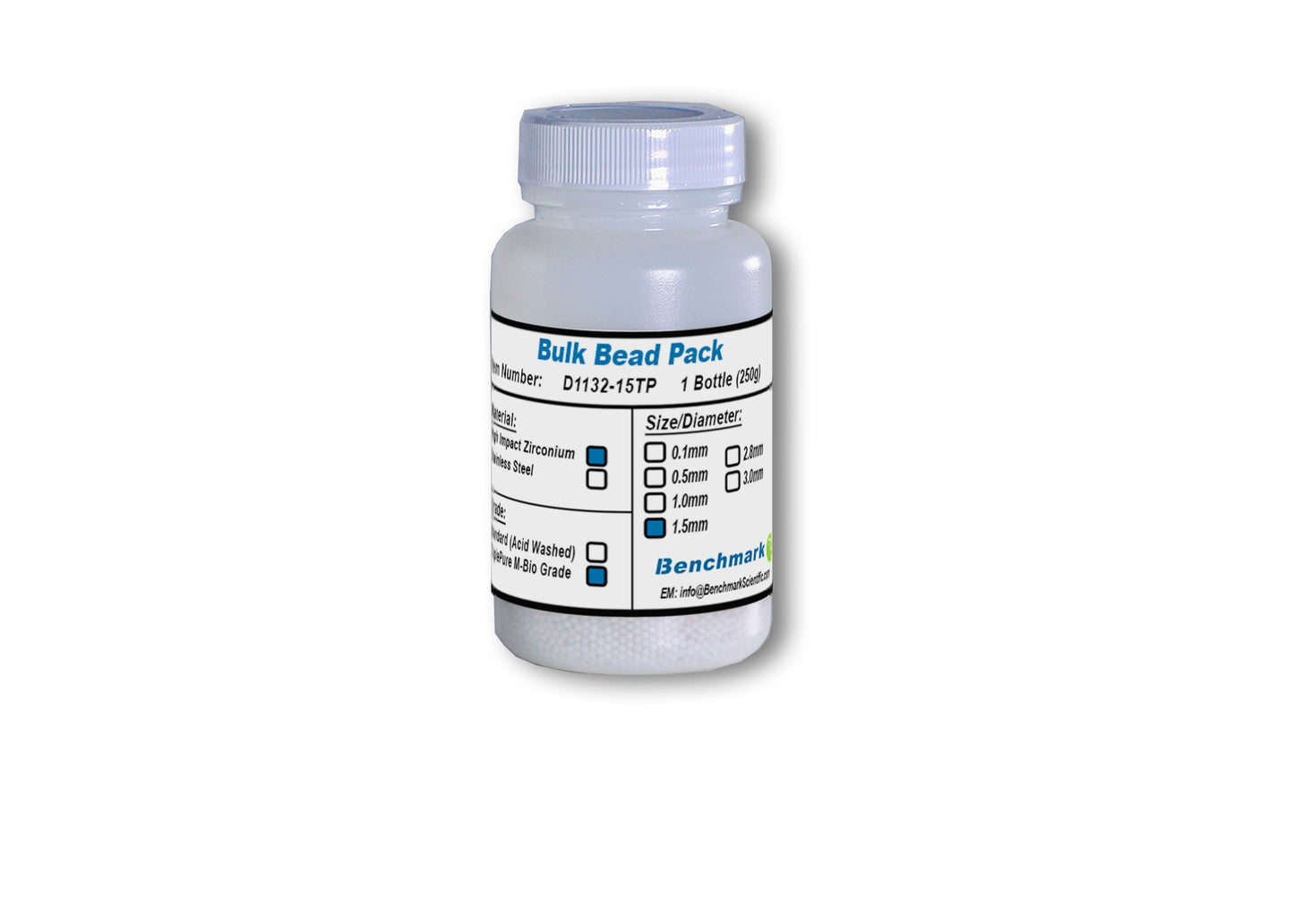 Bulk Beads, Zirconium, 1.5mm, Triple-Pure Molecular Biology Grade, 250g