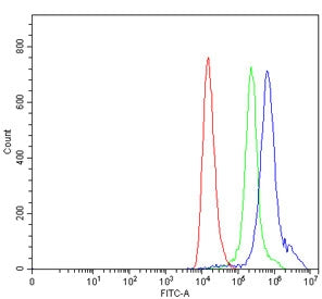 Flow cytometry testing of human HEL cells with TAL1 antibody at 1ug/million cells (blocked with goat