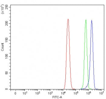 Flow cytometry testing of human MCF7 cells with DBL antibody at 1ug/million cells (blocked with goat