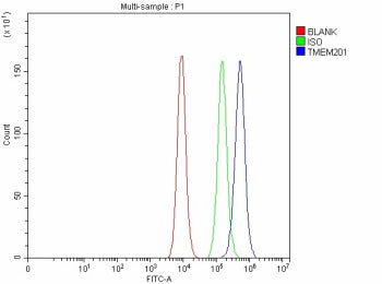 Flow Cytometry analysis of Caco-2 cells using anti-TMEM201 antibody. Overlay histogram showing Caco-
