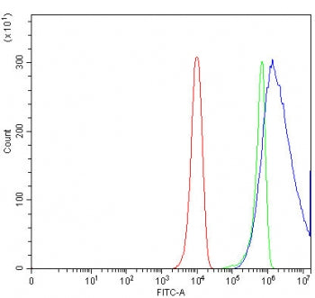 Flow cytometry testing of human HeLa cells with AP-B antibody at 1ug/million cells (blocked with goat sera); Red=cells alone, Green=isotype control, Blue= AP-B antibody.