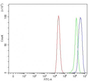 Flow cytometry testing of human Caco-2 cells with OIT3 antibody at 1ug/million cells (blocked with g
