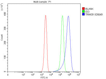 Flow Cytometry analysis of Jurkat cells using anti-TRIM39 antibody. Overlay histogram showing Jurkat