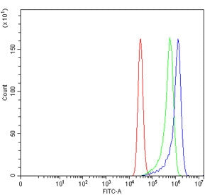 Flow cytometry testing of human MCF7 cells with RAB23 antibody at 1ug/million cells (blocked with go