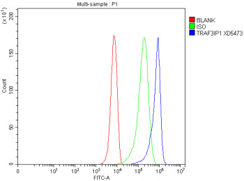 Flow Cytometry analysis of HepG2 cells using anti-TRAF3IP1 antibody. Overlay histogram showing HepG2