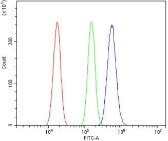 Flow cytometry testing of human U-87 MG cells with PAX3 antibody at 1ug/million cells (blocked with