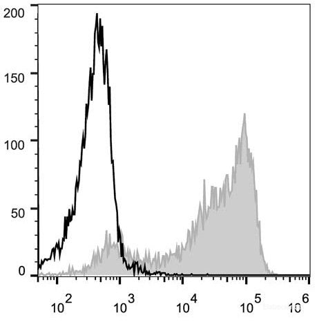 C57BL/6 murine splenocytes are stained with PE Anti-Mouse CD62L Antibody(filled gray histogram). Unstained splenocytes (empty black histogram) are used as control.