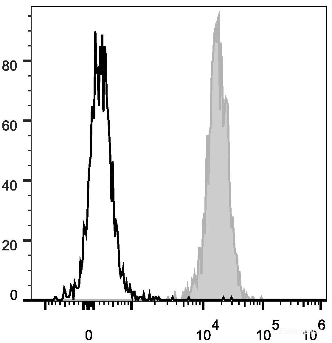 C57BL/6 murine splenocytes are stained with PE Anti-Human/Mouse/Rat CD47 Antibody(filled gray histogram). Unstained splenocytes (empty black histogram) are used as control.