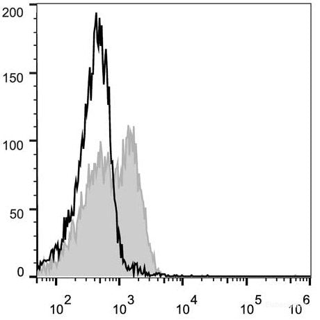 C57BL/6 murine splenocytes are stained with PE Anti-Mouse CD127/IL-7RA Antibody(filled gray histogram). Unstained splenocytes (empty black histogram) are used as control.