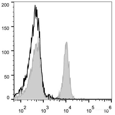 C57BL/6 murine splenocytes are stained with PE Anti-Mouse CD40 Antibody(filled gray histogram). Unstained splenocytes (empty black histogram) are used as control.