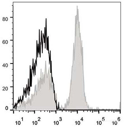 C57BL/6 murine splenocytes are stained with APC Anti-Mouse CD40 Antibody(filled gray histogram). Unstained splenocytes (empty black histogram) are used as control.