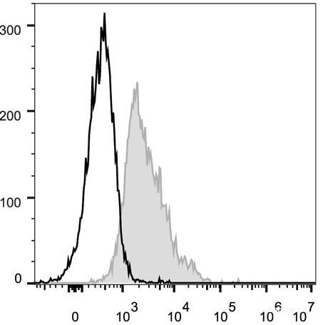 C57BL/6 murine splenocytes are stained with FITC Anti-Mouse CD1d Antibody(filled gray histogram). Unstained lymphocytes (empty black histogram) are used as control.