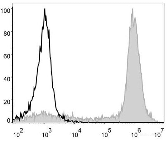Mouse bone marrow cells are stained with PE/Cyanine5 Anti-Mouse/Human CD11b Antibody(filled gray histogram). Unstained bone marrow cells (blank black histogram) are used as control.