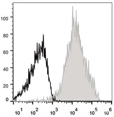 Mouse/Human splenocytes are stained with APC Anti-Mouse/Human CD44 Antibody(filled gray histogram). Unstained splenocytes (empty black histogram) are used as control.