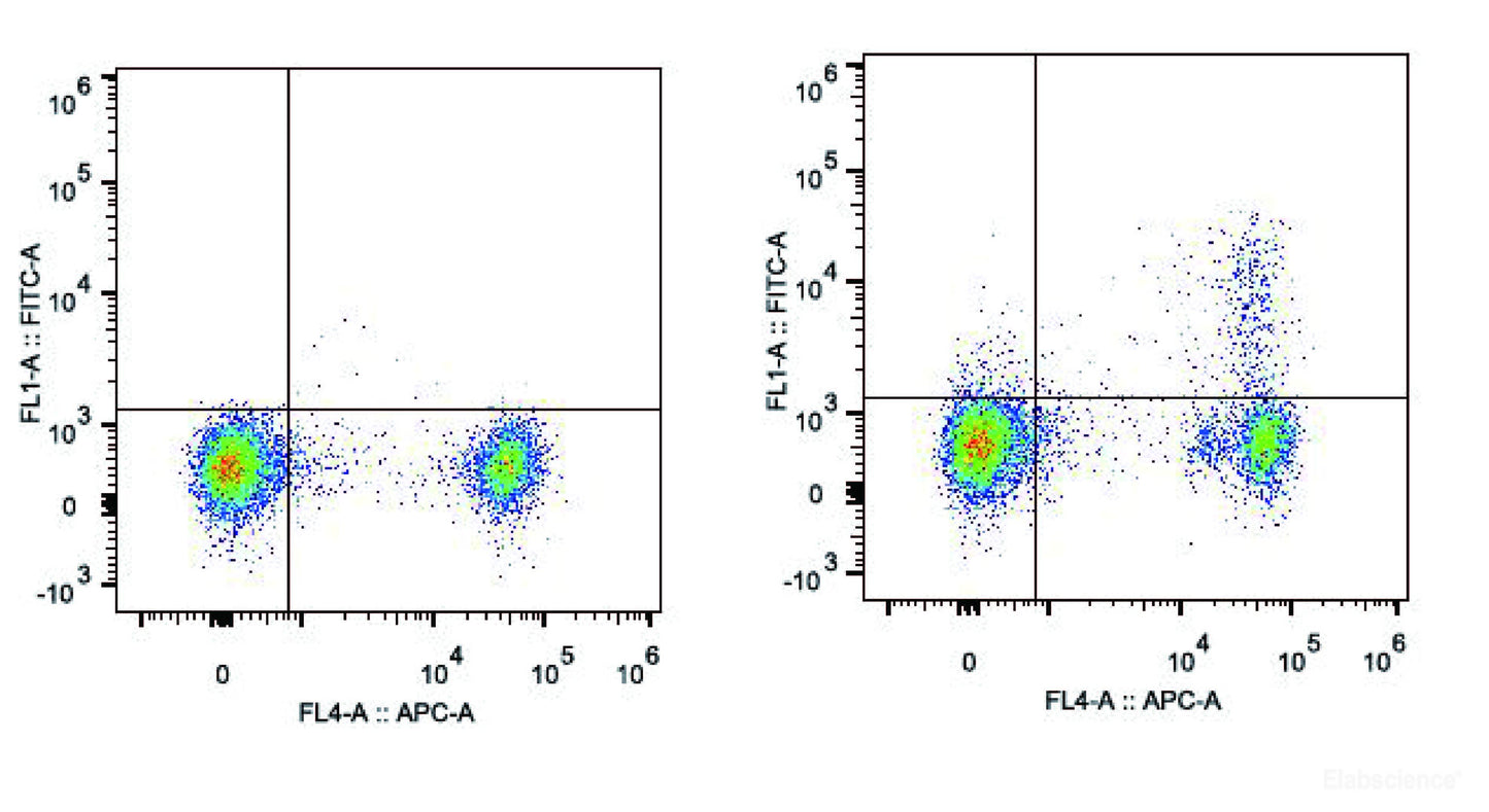 C57BL/6 murine splenocytes are stained with FITC Anti-Mouse CD25 Antibody and APC Anti-Mouse CD4 Antibody(Right). Splenocytes stained with APC Anti-Mouse CD4 Antibody(Left) are used as control.