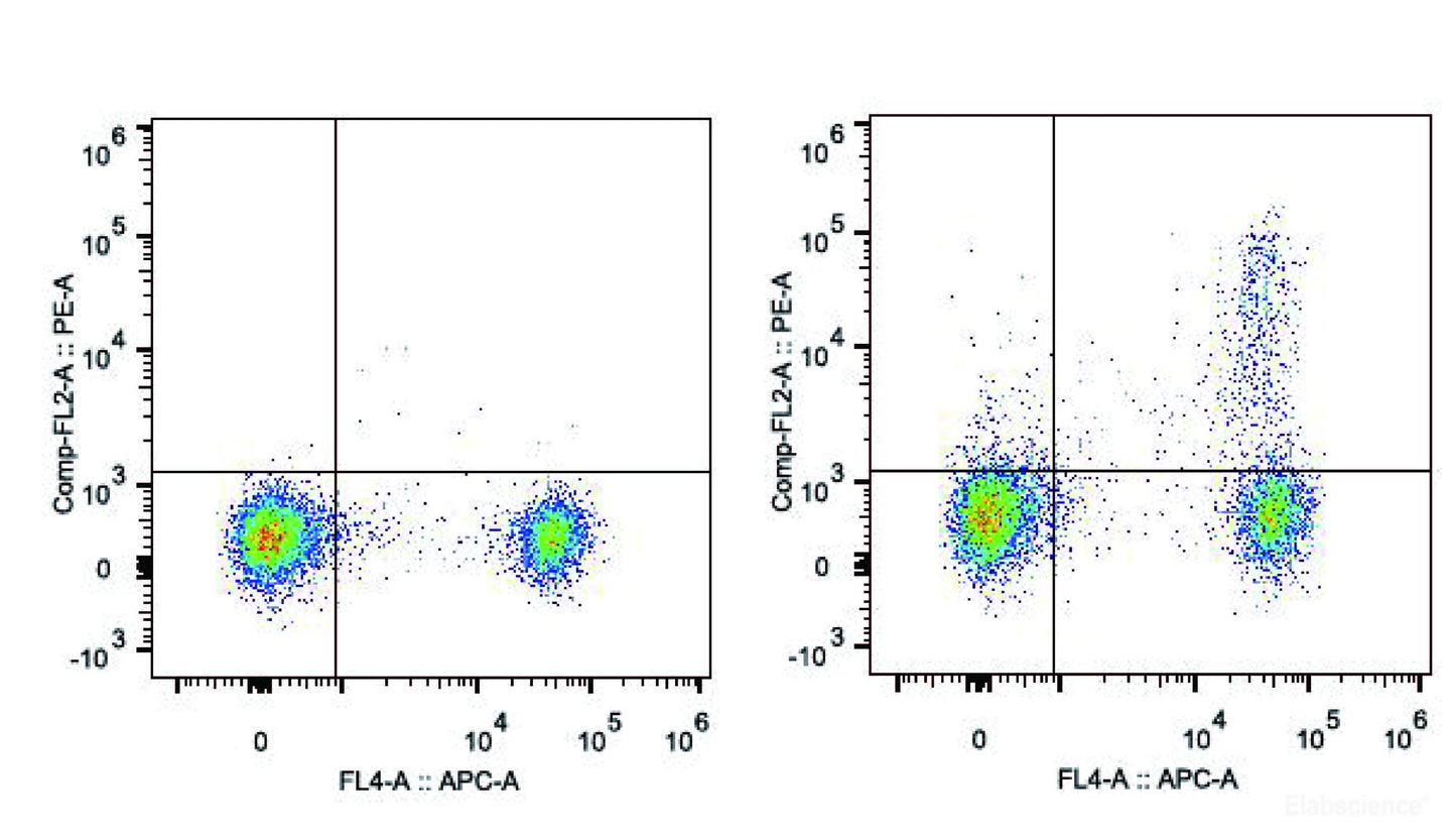 C57BL/6 murine splenocytes are stained with PE Anti-Mouse CD25 Antibody and APC Anti-Mouse CD4 Antibody(Right). Splenocytes stained with APC Anti-Mouse CD4 Antibody(Left) are used as control.