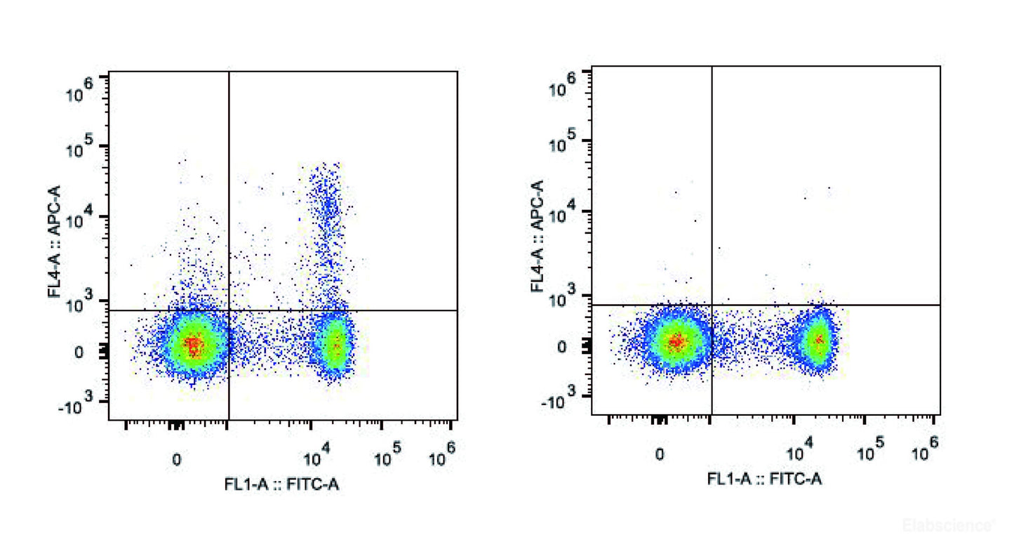 C57BL/6 murine splenocytes are stained with AF647 Anti-Mouse CD25 Antibody and FITC Anti-Mouse CD4 Antibody(Left). Splenocytes stained with FITC Anti-Mouse CD4 Antibody and AF647 Rat IgG1 Isotype Control(Right) are used as control.
