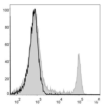 Mouse splenocytes are stained with AF488 Anti-Mouse CD8a Antibody(filled gray histogram). Unstained splenocytes (blank black histogram) are used as control.