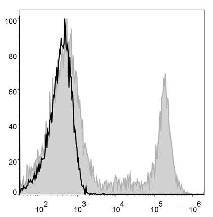 Human pheripheral blood cells are stained with PE/Cyanine5 Anti-Human CD8a Antibody(filled gray histogram). Unstained pheripheral blood cells (blank black histogram) are used as control.