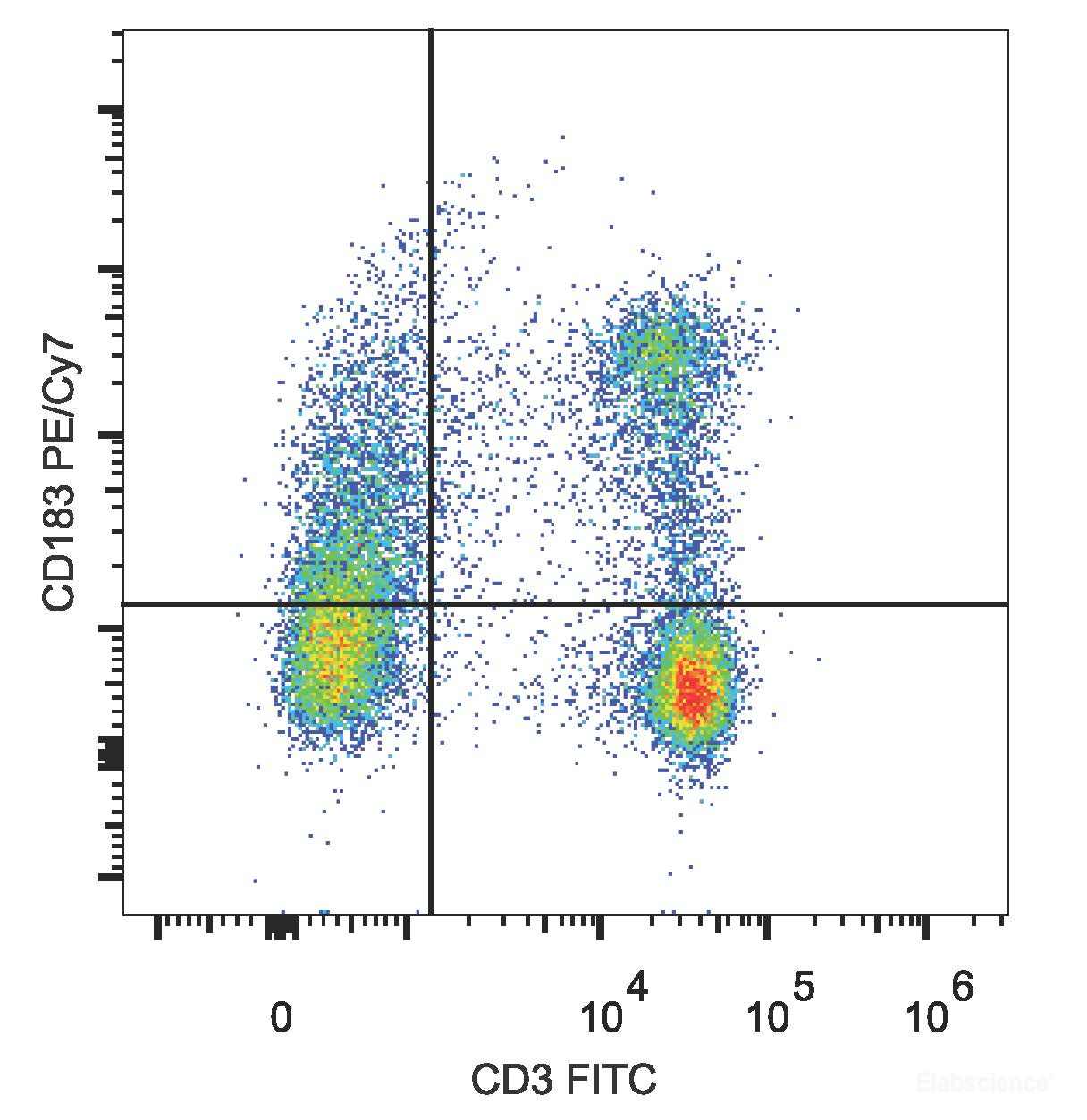 C57BL/6 murine splenocytes are stained with PE/Cyanine7Anti-Mouse CD183/CXCR3 Antibody and FITC Anti-Mouse CD3 Antibody.