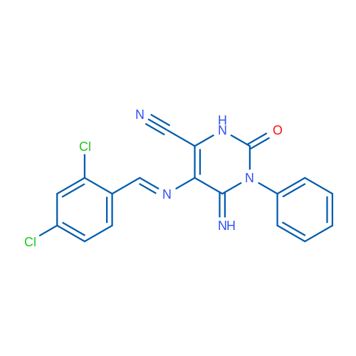 5-{[(2,4-dichlorophenyl)methylidene]amino}-6-imino-2-oxo-1-phenyl-1,2,3,6-tetrahydropyrimidine-4-carbonitrile 1g
