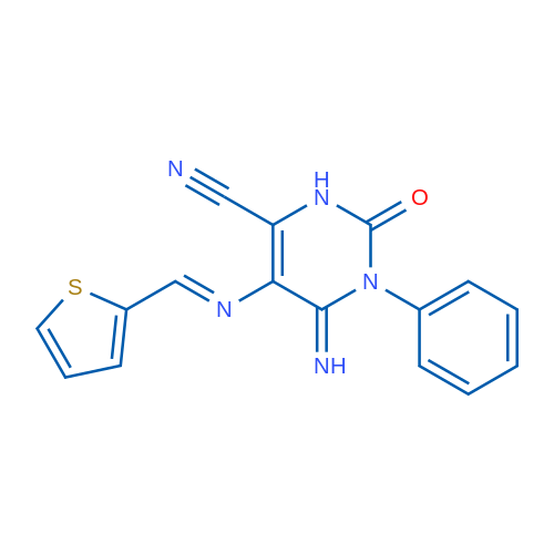 6-Imino-2-oxo-1-phenyl-5-{[(thiophen-2-yl)methylidene]amino}-1,2,3,6-tetrahydropyrimidine-4-carbonitrile 1g