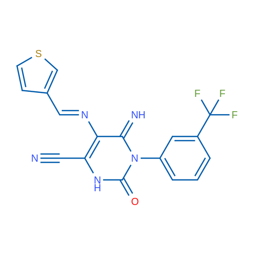 6-Imino-2-oxo-5-[(E)-[(thiophen-3-yl)methylidene]amino]-1-[3-(trifluoromethyl)phenyl]-1,2,3,6-tetrahydropyrimidine-4-carbonitrile 1g