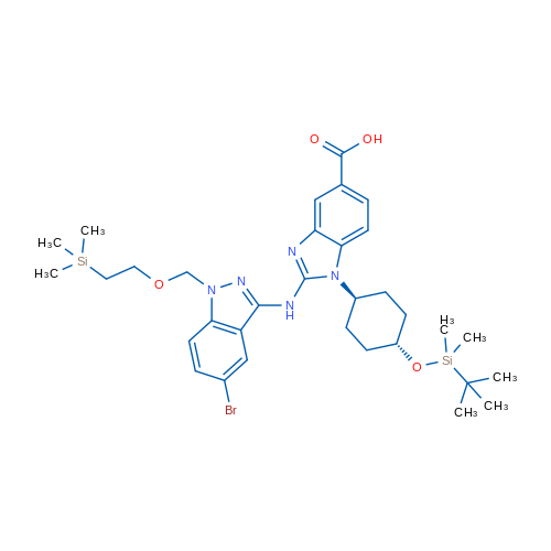 2-(5-Bromo-1-((2-(trimethylsilyl)ethoxy)methyl)-1H-indazol-3-ylamino)-1-((1r,4r)-4-(tert-butyldimethylsilyloxy)cyclohexyl)-1H-benzo[d]imidazole-5-carboxylic acid 50mg