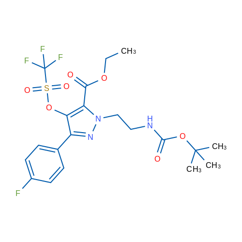 Ethyl 1-(2-((tert-butoxycarbonyl)amino)ethyl)-3-(4-fluorophenyl)-4-(((trifluoromethyl)sulfonyl)oxy)-1H-pyrazole-5-carboxylate 250mg