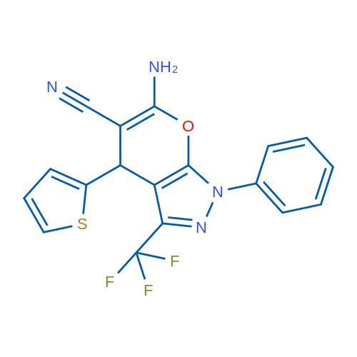6-Amino-1-phenyl-4-(thiophen-2-yl)-3-(trifluoromethyl)-1H,4H-pyrano[2,3-c]pyrazole-5-carbonitrile 1g