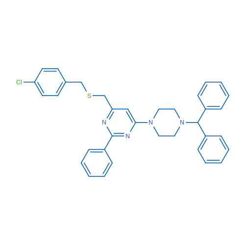 4-({[(4-chlorophenyl)methyl]sulfanyl}methyl)-6-[4-(diphenylmethyl)piperazin-1-yl]-2-phenylpyrimidine 1g