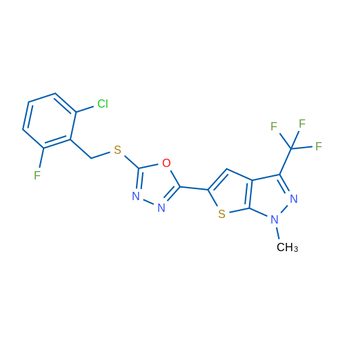 2-{[(2-chloro-6-fluorophenyl)methyl]sulfanyl}-5-[1-methyl-3-(trifluoromethyl)-1H-thieno[2,3-c]pyrazol-5-yl]-1,3,4-oxadiazole 1g