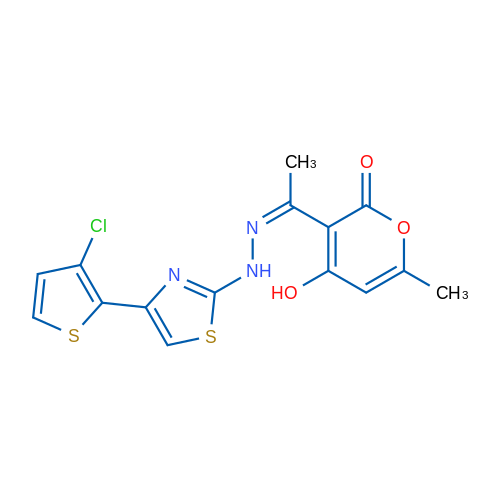 3-[(1Z)-1-{2-[4-(3-chlorothiophen-2-yl)-1,3-thiazol-2-yl]hydrazin-1-ylidene}ethyl]-4-hydroxy-6-methyl-2H-pyran-2-one 1g