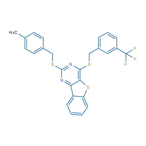 4-{[(4-methylphenyl)methyl]sulfanyl}-6-({[3-(trifluoromethyl)phenyl]methyl}sulfanyl)-8-thia-3,5-diazatricyclo[7.4.0.0^{2,7}]trideca-1(13),2(7),3,5,9,11-hexaene 1g