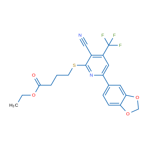Ethyl 4-{[6-(2H-1,3-benzodioxol-5-yl)-3-cyano-4-(trifluoromethyl)pyridin-2-yl]sulfanyl}butanoate 1g