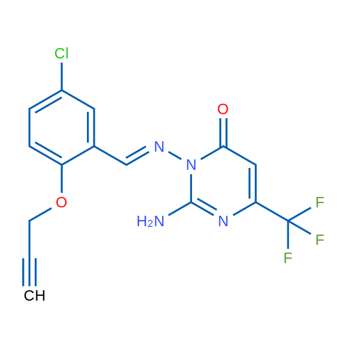 2-Amino-3-[(E)-{[5-chloro-2-(prop-2-yn-1-yloxy)phenyl]methylidene}amino]-6-(trifluoromethyl)-3,4-dihydropyrimidin-4-one 1g