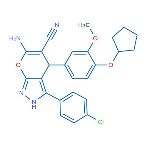 6-Amino-3-(4-chlorophenyl)-4-[4-(cyclopentyloxy)-3-methoxyphenyl]-2H,4H-pyrano[2,3-c]pyrazole-5-carbonitrile 1g