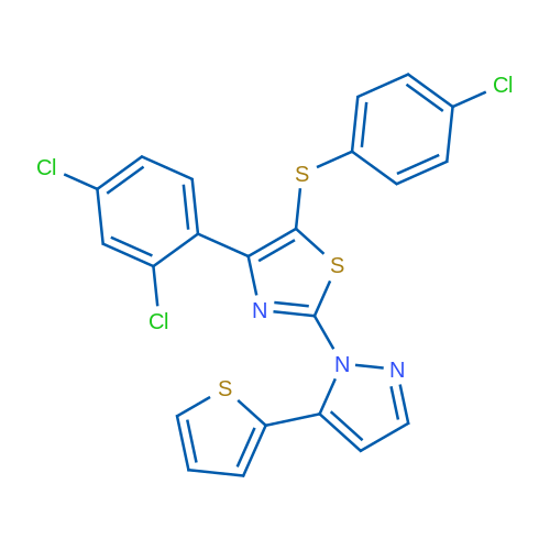 5-[(4-Chlorophenyl)sulfanyl]-4-(2,4-dichlorophenyl)-2-[5-(thiophen-2-yl)-1H-pyrazol-1-yl]-1,3-thiazole 1g