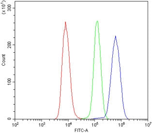 Flow cytometry testing of human Raji cells with ITGAV antibody at 1ug/million cells (blocked with go