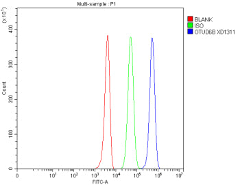 Flow Cytometry analysis of human 293T cells using anti-OTUD6B antibody. Overlay histogram showing 29