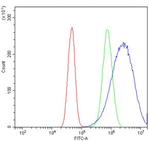Flow cytometry testing of human A431 cells with ICAD antibody at 1ug/million cells (blocked with goa