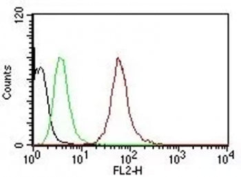 Flow Cytometric analysis of human Pan-Cytokeratins on HeLa cells. Black: cells alone; Green: Isotype