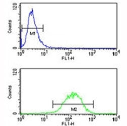 IL-1 antibody flow cytometry analysis of NCI-H460 cells (bottom histogram) compared to a negative co