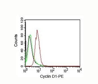 FACS testing of HeLa cells: Black=cells alone; Green=isotype control; Red=Cyclin D1 antibody