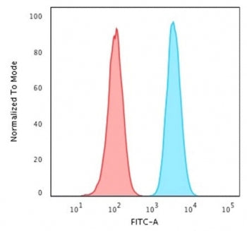 Flow testing of PFA-fixed human HeLa cells with HSP60 antibody (clone CPTC-HSPD1-1); Red=isotype con