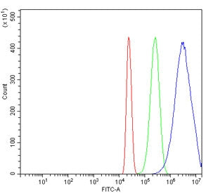 Flow cytometry testing of human HL60 cells with NUP58 antibody at 1ug/million cells (blocked with go