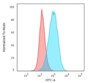 Flow cytometry staining of PFA-fixed human Raji cells with CD45RB antibody (clone BRA-11); Red=isoty