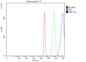 Flow Cytometry analysis of 293T cells using anti-NAP1L4 antibody. Overlay histogram showing 293T cel